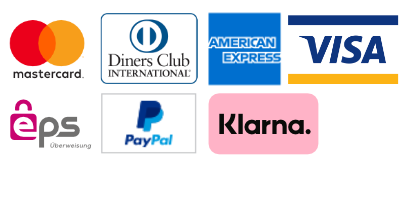 Akzeptierte Zahlungsformen, MasterCard, Visa, Amex, Diners, PayPal, EPS, Klarna
